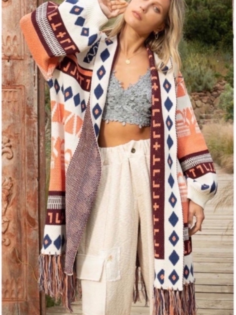 Pol Aztec open front cardigan
